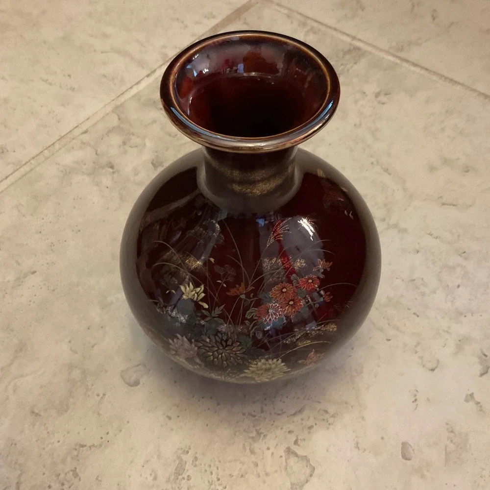 Toyo Japan Burgundy Oxblood Floral Gold Pheasant Ceramic Vase Gilt Accents